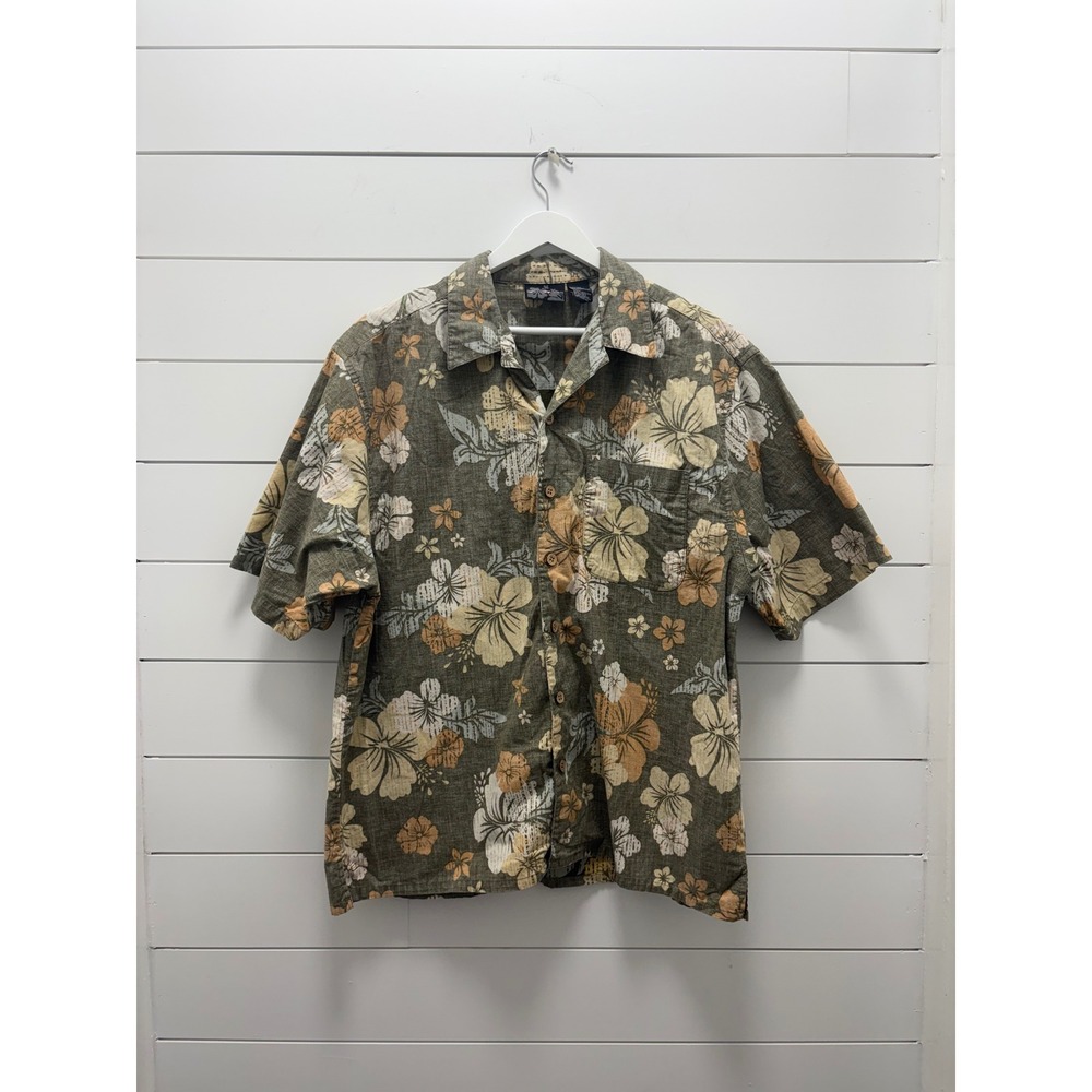 Vintage OP Sport Hawaiian Shirt Greens and Gold Floral Print Size Medium